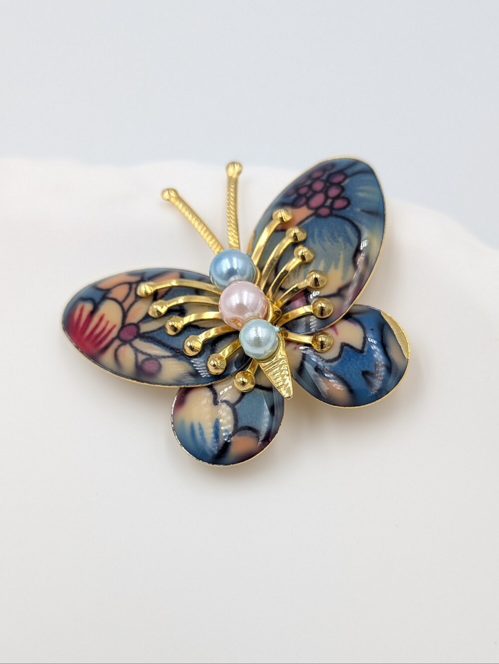 Vintage butterfly enamel and faux pearl colourful brooch pin